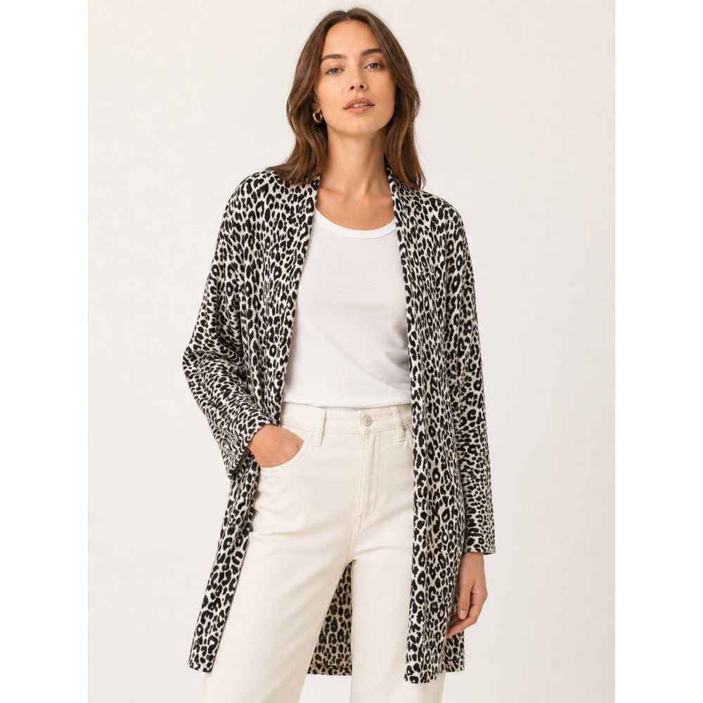 360Cashmere‎ Duster Cardigan Medium Black White Leopard Print Luxury Knit
